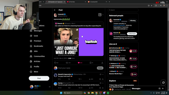 Xqc's response to Hasan's tweet