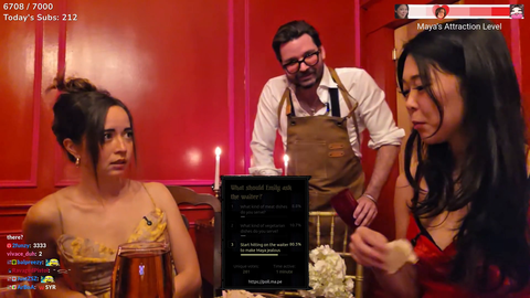 Emily tries to flirt with the waiter during her date with Maya
