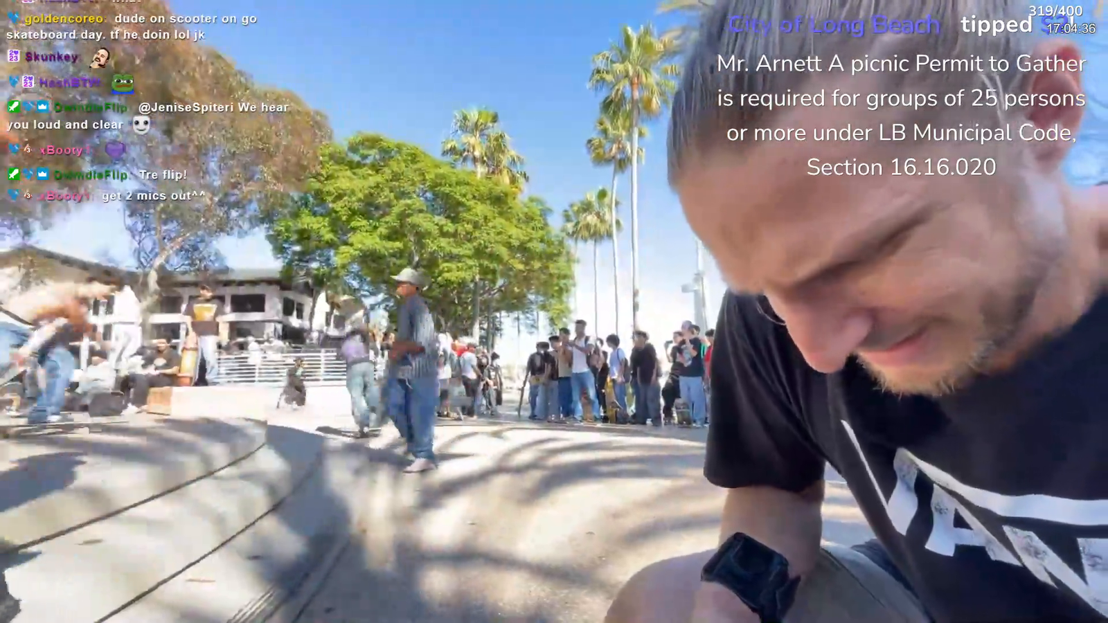 "City of Long Beach" uses TTS to contact streamer about a required permit for unofficial skate day event.