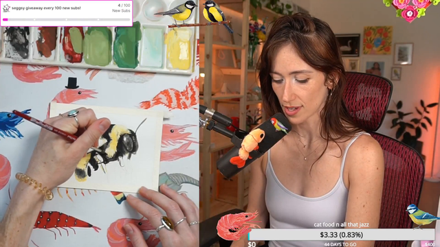 Professional voiceover actress casually painting a bee