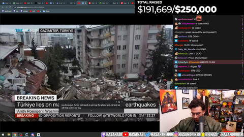 Hasan's community has crashed the charity website after raising nearly $200,000 for earthquake relief efforts in Turkey and Syria in the past 20 minutes
