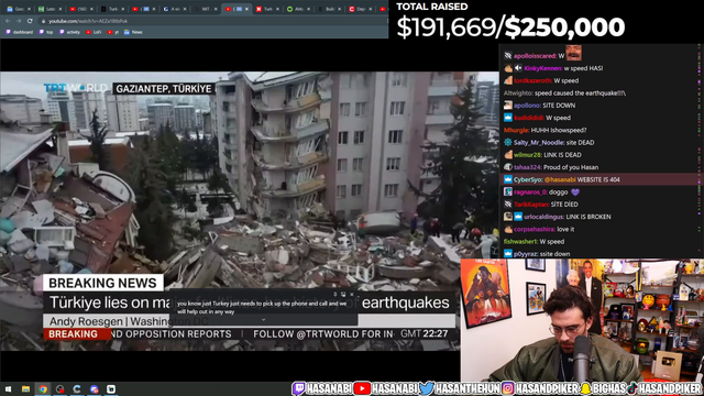 Hasan's community has crashed the charity website after raising nearly $200,000 for earthquake relief efforts in Turkey and Syria in the past 20 minutes