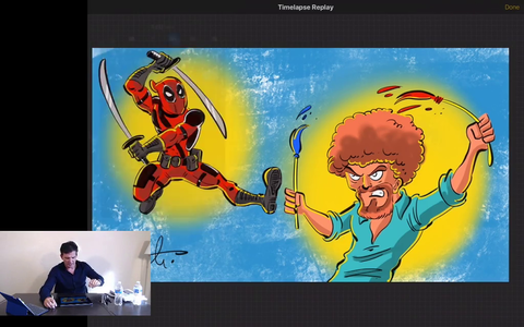Butch Hartman (creator of Fairly Odd Parents) drawing Deadpool fighting Bob Ross