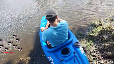 Erobb forgets his paddle, then almost capsizes after Britt throws a stick at him.