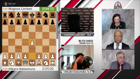 Magnus Carlsen shows up late and in his boxers to Hikaru match (Reposted without shrieking baboon commentator)