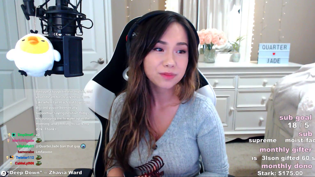 QuarterJade gets trolled by a "Thank you" message in chat.