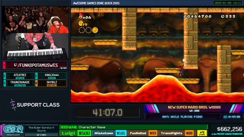 Man beats New Super Mario Bros Wii while playing the soundtrack on a piano