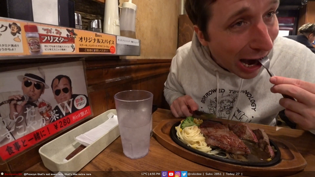 Rob inhales a steak