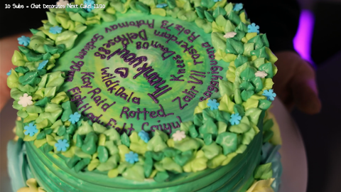 cakesbyyou celebrates 10 subscribers by using polls to let chat choose the colors and style of a custom cake, then using frosting to write the usernames of everyone in chat