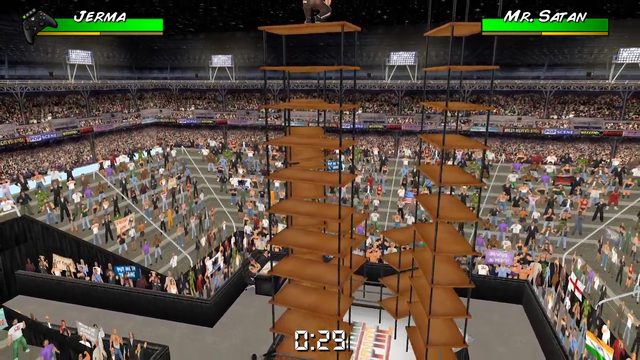 Mr. Satan from DBZ does a 60 foot jump through several tables for no reason