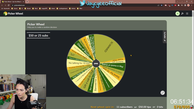 Jaycgee proves to her chat that her subathon wheel totally works as intended