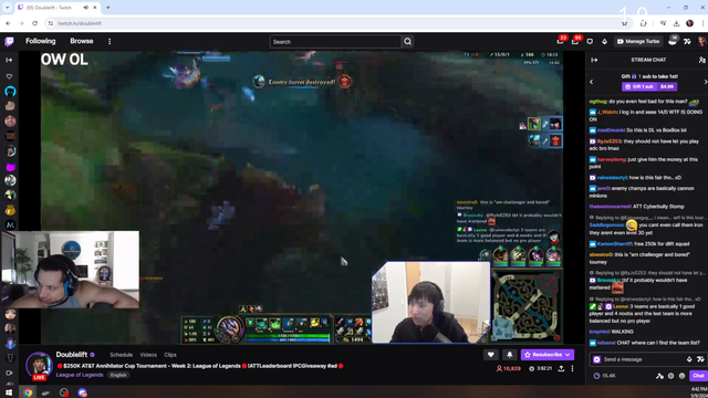 Tyler1 laughing at Doublelift for try harding against Silvers in a tournament and his chat calling him a G-O-D