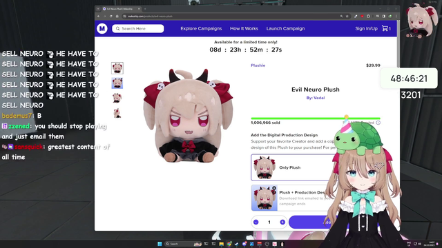 Vedal accidentally shares a multi-use 100% discount code for his plushie, sells 1 million units, goes bankrupt