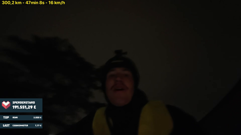 German Twitch streamer Knirpz drove 300 KM on a bicycle in less than 24 hours. Twitch gave $10 for each KM driven, making his total $3020 earning for Charity LootfuerdieWelt. This is the moment he reaches the 300 KM threshold.