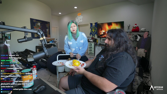 Esfand defensively goes into picky baby mode to try to avoid eating Hachu's ostrich egg burger