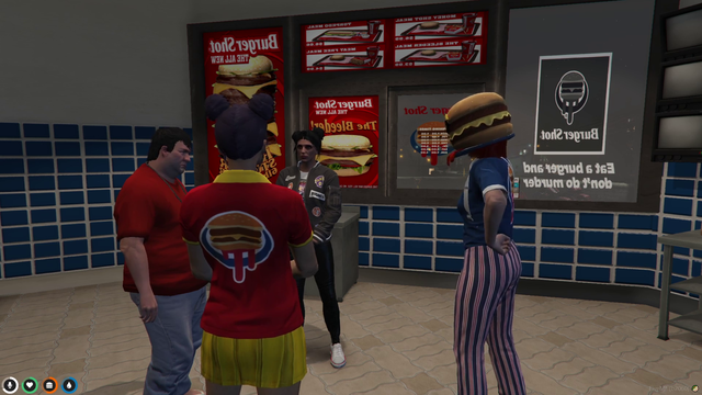 Cassie asking the 3 Burger Shot employees who will they pick for GM, Rob or Mr. X?