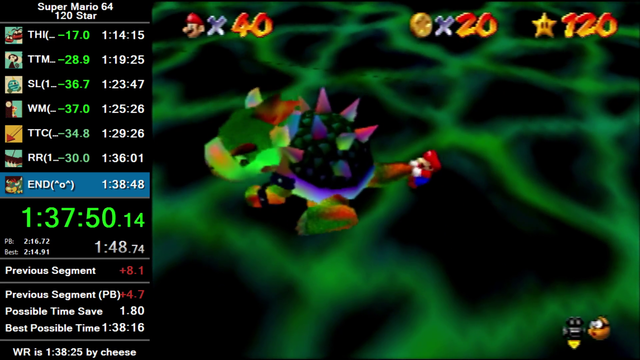 Batora beats his SM64 120 star PB by 19.7 seconds, only 3 seconds away from Cheese's World Record time of 1:38:28